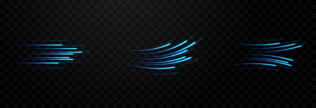 Vector vector set of speed light lines png. light paths on an isolated transparent background. blue lines.