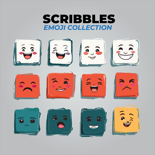 Vettore set vettoriale di emoticone quadrate scarabocchiare con emozioni diverse