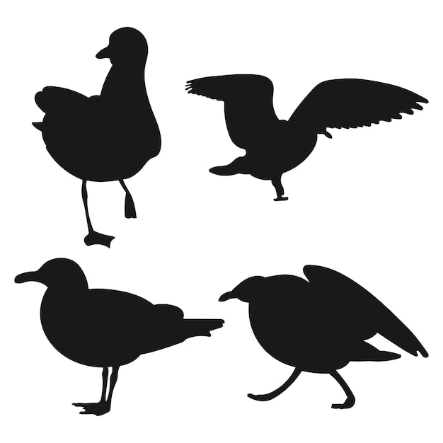 Vector set staande meeuwen meeuw verschillende silhouetten van wilde vogels hand getrokken geïsoleerde vector