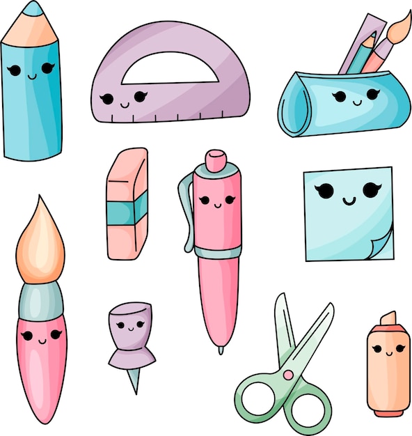 Vector set stationery school student marker pen pencil creativity