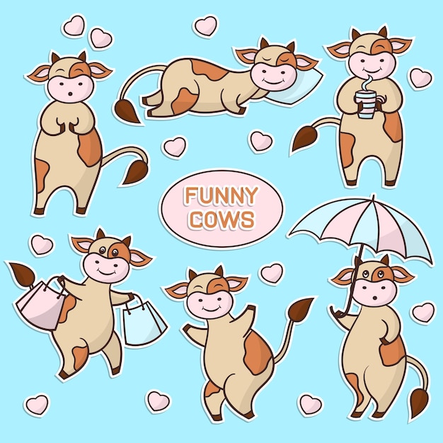 Vector set of stickers with funny cute cartoon cows, for design and decoration