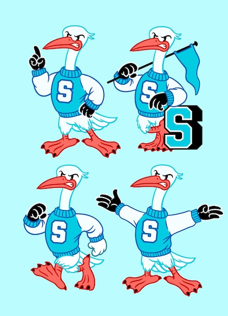 Vector Set of Stork Sport Mascot in Vintage Retro Hand Drawn Style