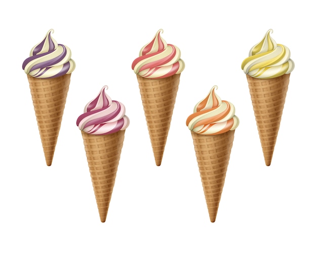 Vector set of striped colorful brown orange yellow purple soft serve ice cream