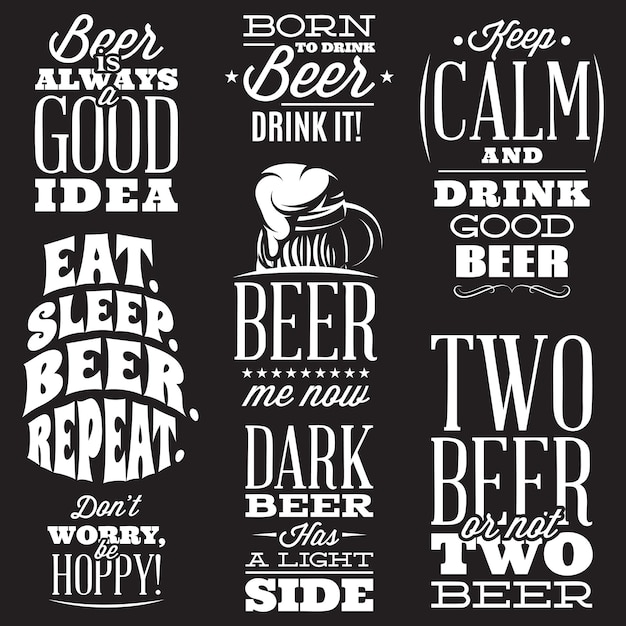 Vector set of stylized quotes on the topic of beer White text on a black background