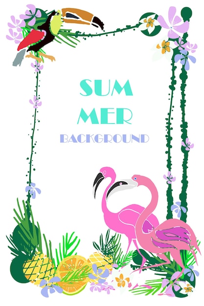 Vector set of summer bright tropical backgrounds with fruits palms flamingo toucans