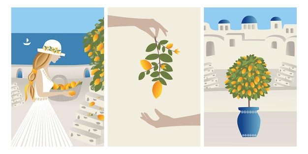 Vector set tema e ispirazione per le vacanze estive bella ragazza raccoglie i limoni dall'albero