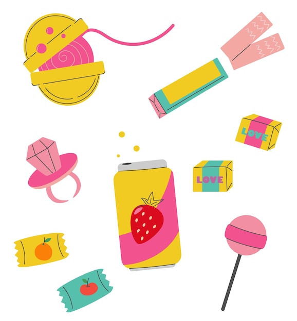 Vector set of sweets and soda in 90s style sweet candies chewing gum