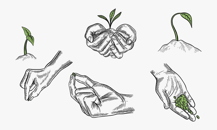 Vector 農業のシンボルのベクトルセット 種子と芽を持つ手のイラスト 初期の植物の成長