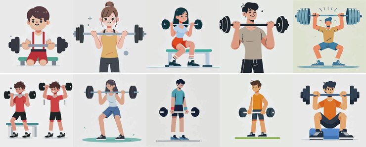Vector vector set of a teenager lifting weights with a simple flat design style
