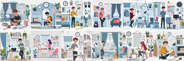 Vector vector set of a teenager planning a room decoration with a simple flat design style