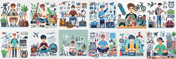 Vector vector set of a teenager preparing his hobby needs with a simple flat design style