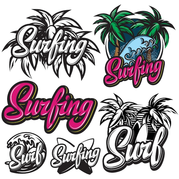 Vector set of templates on the theme of surfing with different elements for design and lettering