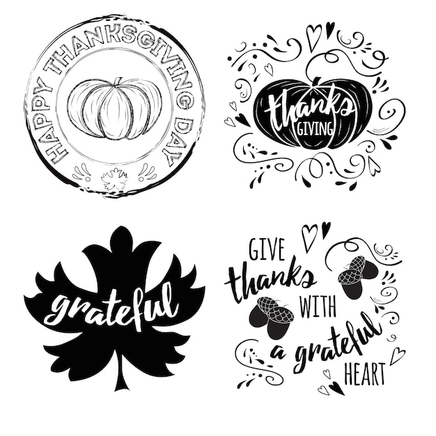 Vector set of thanksgiving wishes with pumpkin maple leaf acorns in black colors