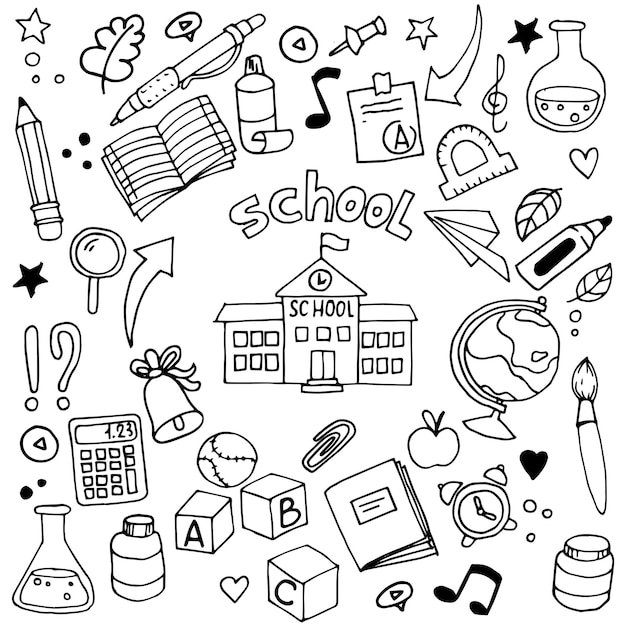 Vettore impostato sul tema ritorno a scuola stile doodle disegno carino illustrazioni semplici scuola