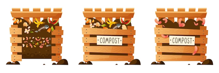 Vector vector set on the theme of organic compost eco gardening agriculture compost wooden box food waste