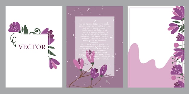 グリーティングカードの3つのテンプレートのベクトルセット。日本の紫色のマグノリアは手描きです。漫画のアジアの花。あいさつ、招待状、テキストスペース付きのお祝い用のグリーティングカード。