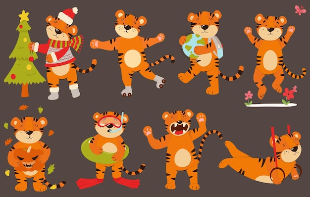 Vector set tijgerwelpen in verschillende poses. tijgers met een wereldbol, pompoen, op rollen, met een kerstboom.