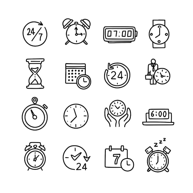 Vector set of time clock icons. Outline doodle drawing style