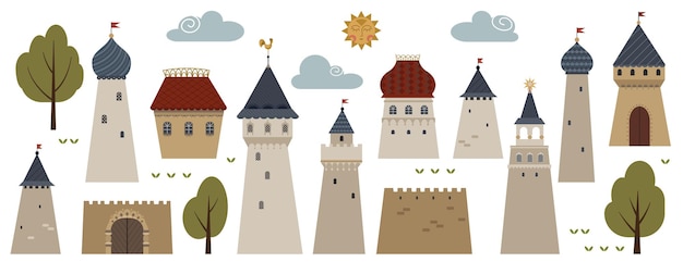 Vector set of towers castle trees sun clouds