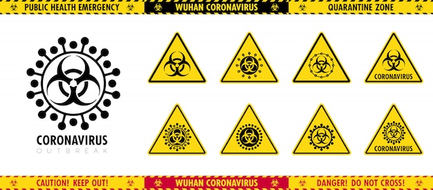 Vettore insieme di vettore dei segni triangolari e dei nastri di attenzione sull'epidemia. pittogrammi diversi di un virus.