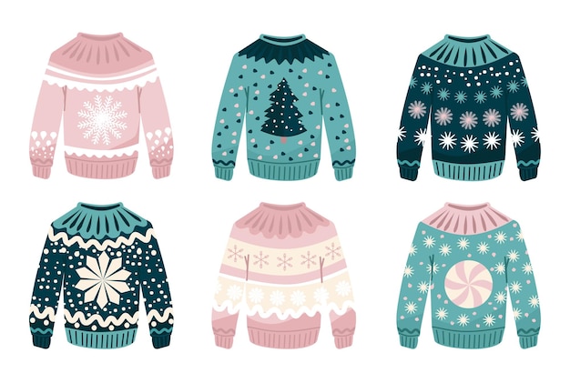 Vector set of ugly Christmas sweaters in turquoise and pink pastel shades