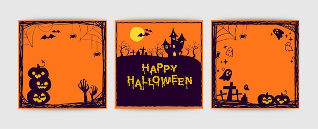 Vector set uitnodigingen voor Halloween-feest of wenskaarten met traditionele symbolen.