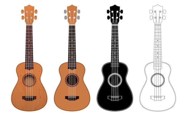 Vector vector set ukelele gitaren in realistische egale kleur zwart silhouet en omtrek versies