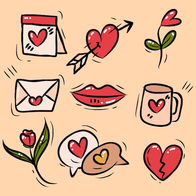 vector set of valentine day symbols with hand drawn collection style