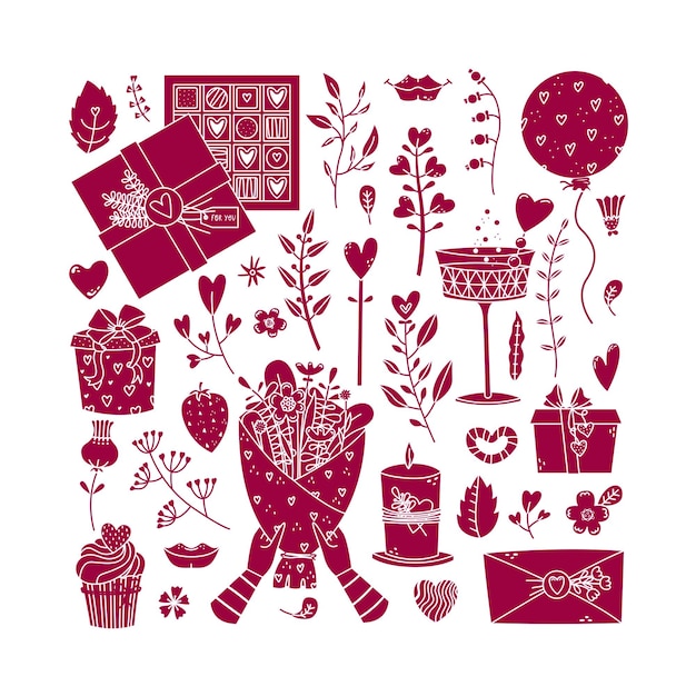 Vector set for valentine's day with flowers, plants, gifts in the simple style.