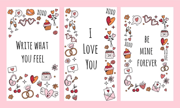Vector set of valentines day social postsstorys with symbols in doodle style