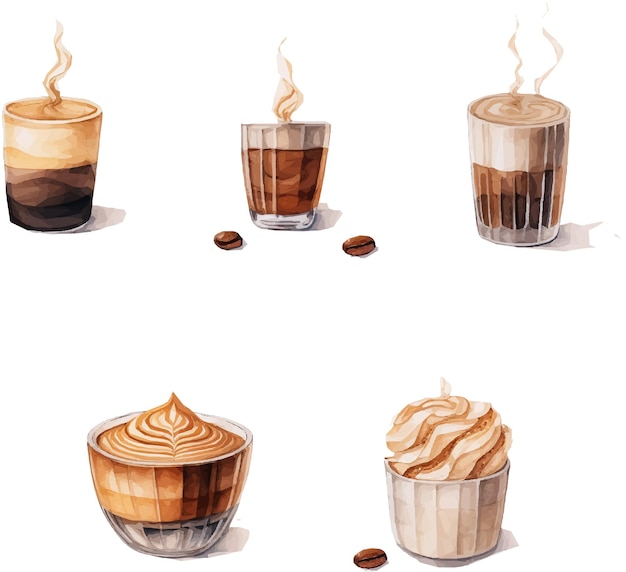 Vector vector set van 5 waterverf koffie milkshake