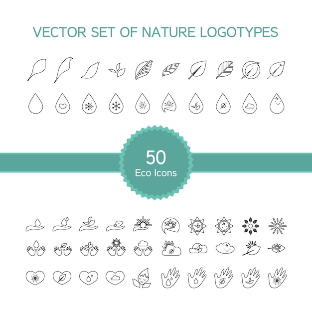 Vector set van 50 ecologie iconen natuur logo biologie symbolen uit bladeren hand zon sneeuwdruppel