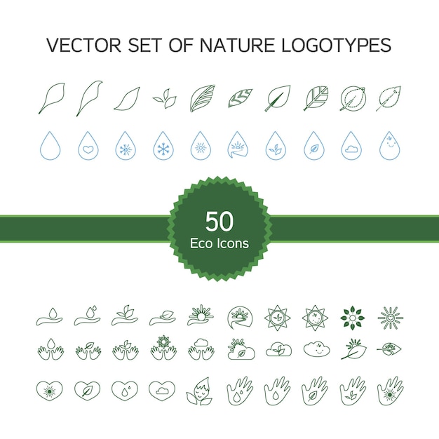 Vector set van 50 ecologie iconen, natuur logo, biologie symbolen van bladeren, hand, zon, sneeuw, drop