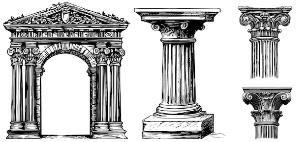 Vector Set van Antieke Boog Pilaster Kolommen en Pilaren in Griekse en Romeinse Architectuur
