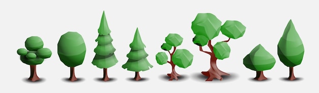 Vector vector set van bladverliezende en naaldbomen geïsoleerd op een witte achtergrond vector cartoon bomen landschapselementen voor cartoon 3d-omgeving game graphics