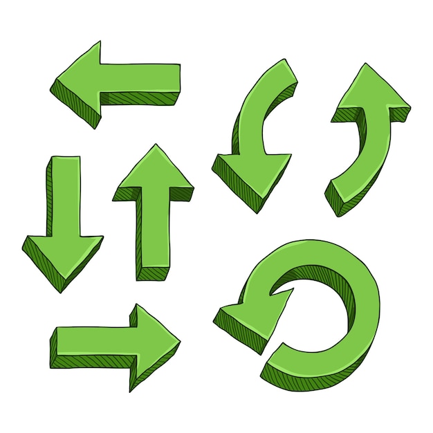 Vector set van cartoon groene Doodle pijlen