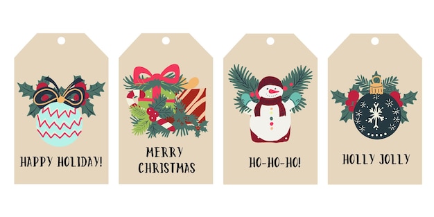 Vector set van decoratieve kerstcadeautjes met goede wensen en kerstversieringen met de hand getekend vlak ontwerp