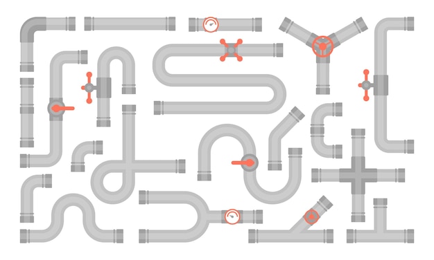 Vector set van details ware leidingen systeem in vlakke stijl gebroken pijp met lekkend water verzameling van water buis lekkage plastic pijpleiding lekkende klep druppelende afvoer industriële technologie