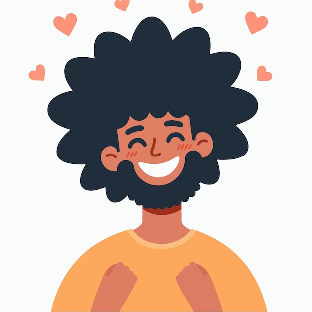Vector set van een tiener met krullend haar die vrolijk is met een platte ontwerp stijl