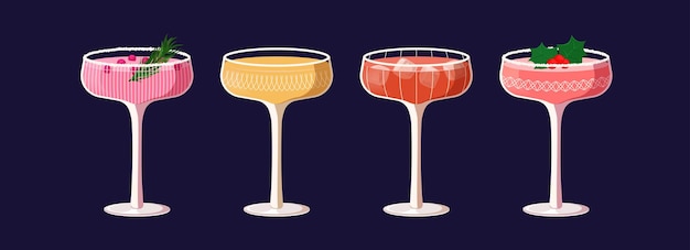 Vector set van glamour feestelijke dranken in kristallen glazen met garnering