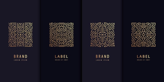 Vector set van gouden label ontwerp patronen vierkante art deco logo's cosmetische chocolade thee wijn pakket luxe koninklijke stijl vintage fancy borden