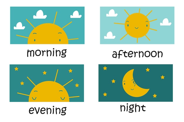 Vector vector set van grappige kaarten met tijden van de dag voor kinderen