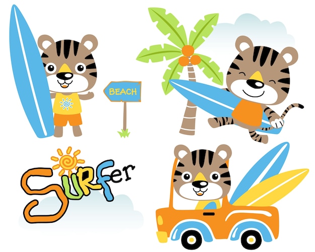 Vector set van grappige kat de surfboarder