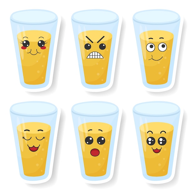 Vector set van grappige sap in een glas stickers met kawaii emoties Kawaii gezichten Vector illustratie op witte achtergrond
