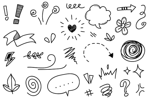 Vector set van handgetekende cartoony expressie teken doodle curve richtingspijlen emoticon effecten ontwerp elementen cartoon personage emotie symbolen schattige decoratieve penseelstreep lijnen