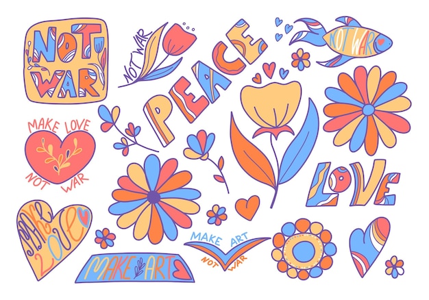 Vector set van illustraties in hippie stijl met de inscriptie niet oorlog maken liefde vrede liefde harten en hippie bloemen moderne vectorillustratie voor ansichtkaarten verpakking ontwerp tieners