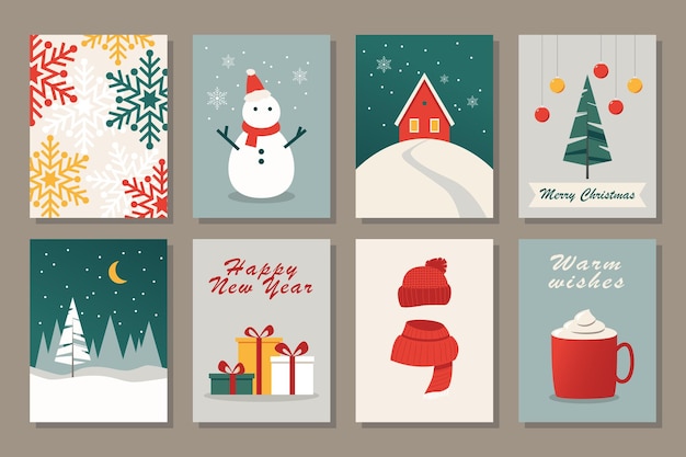 Vector set van kerstkaarten in eenvoudig minimalistisch ontwerp winter vakantie poster illustratie