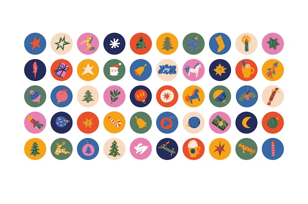 Vector set van kleurrijke traditionele kerst iconen in hedendaagse moderne trendy stijl. sociale media