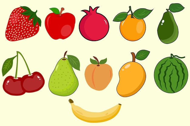 Vector set van kleurrijke vruchten Verschillende vruchten collectie banaan appel aardbeien
