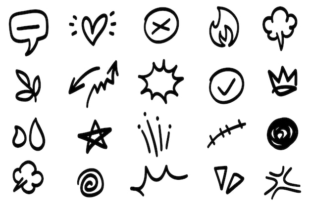 Vector set van met de hand getekende cartoony expressie teken doodle curve richtpijlen emoticon effecten